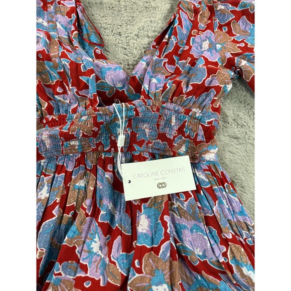 NWT Caroline Constas Dress XS Frenchie Print Floral Long Sleeve Maxi Boho Tiered - Picture 5 of 13